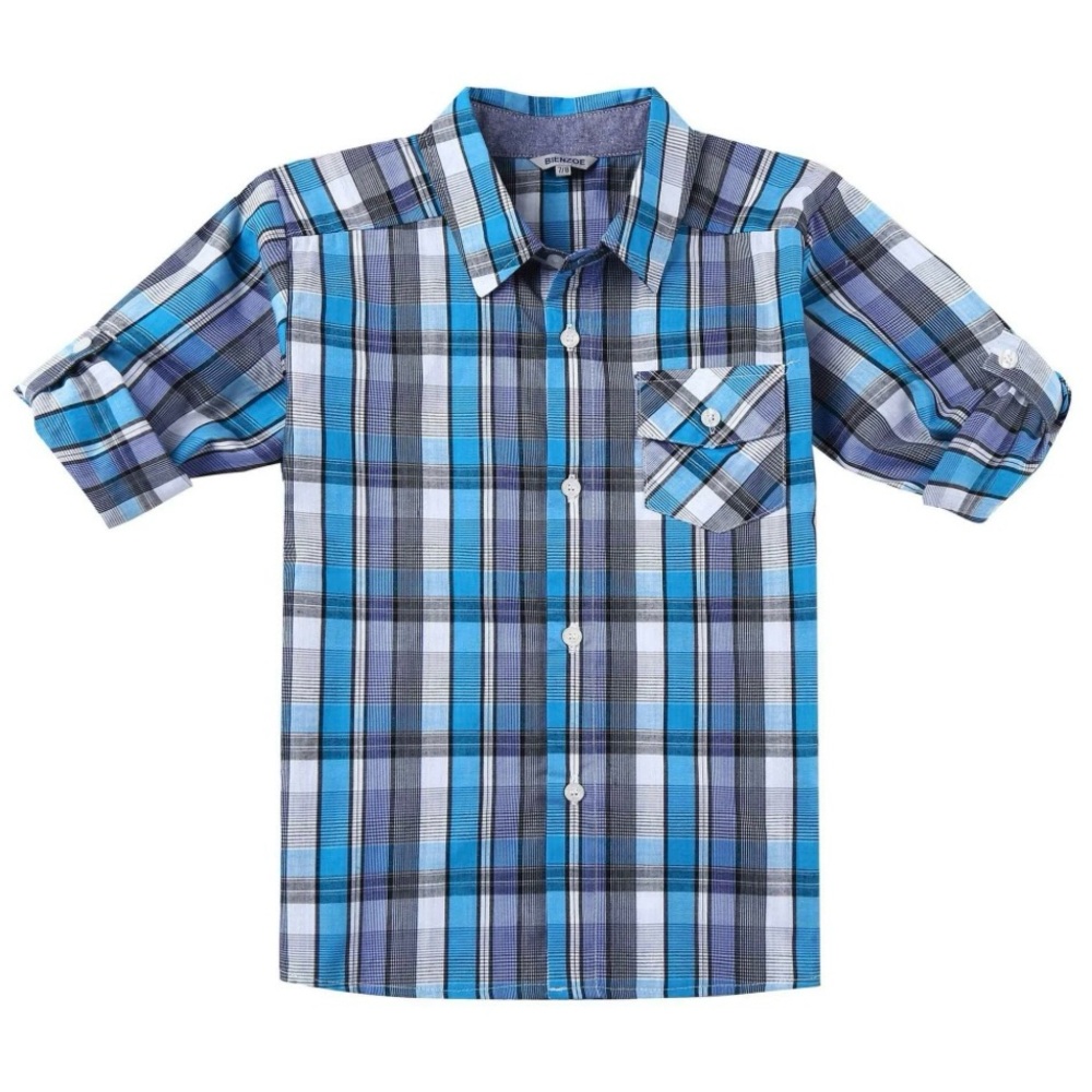 BIENZOE Blue Plaid Kids Shirt NWT